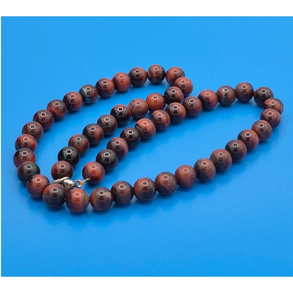 Vintage Red Tiger Eye Bead Necklace Red Natural Stone Strand Lobster Clasp